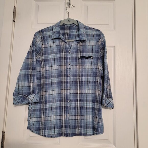Women's blue plaid crinkle cotton top - 3/4 sleeve- no ironing. Fits size Large - Picture 1 of 4